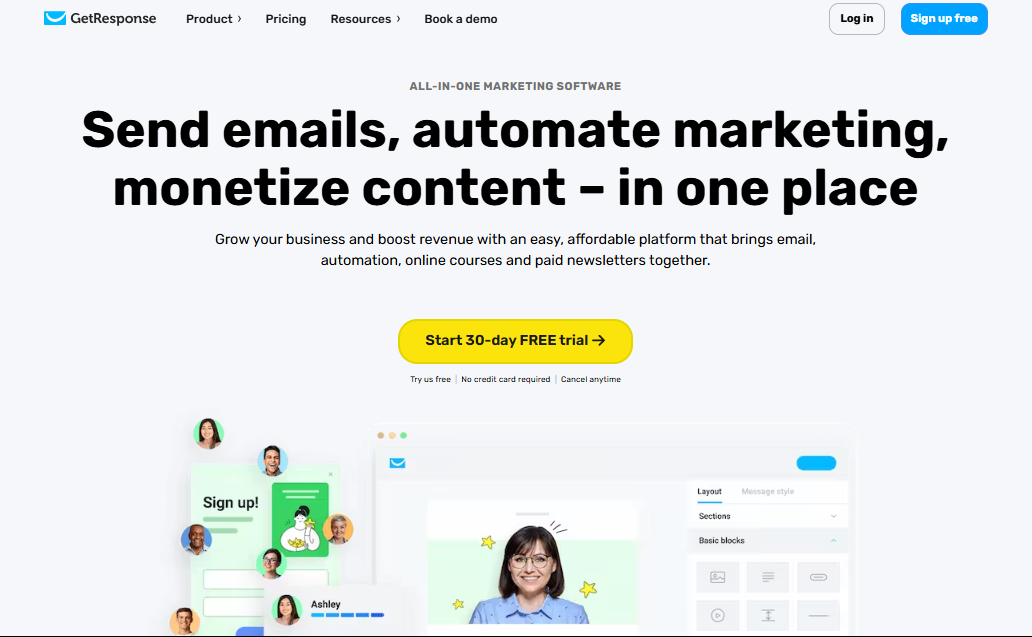 GetResponse dashboard showing email marketing, automation, and webinar features